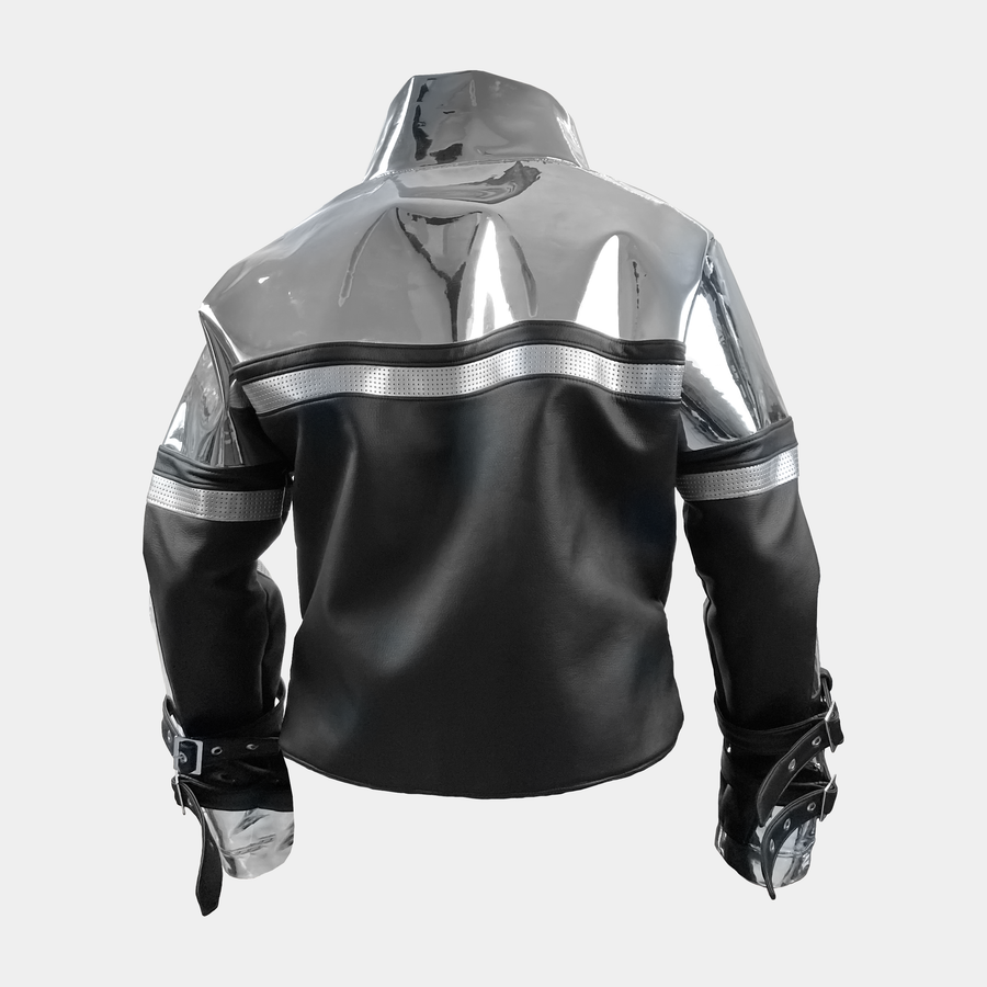Blouson Cervin en simili cuir noir et miroir fabriqué à partir de tissus provenant de stocks dormants, vue arrière