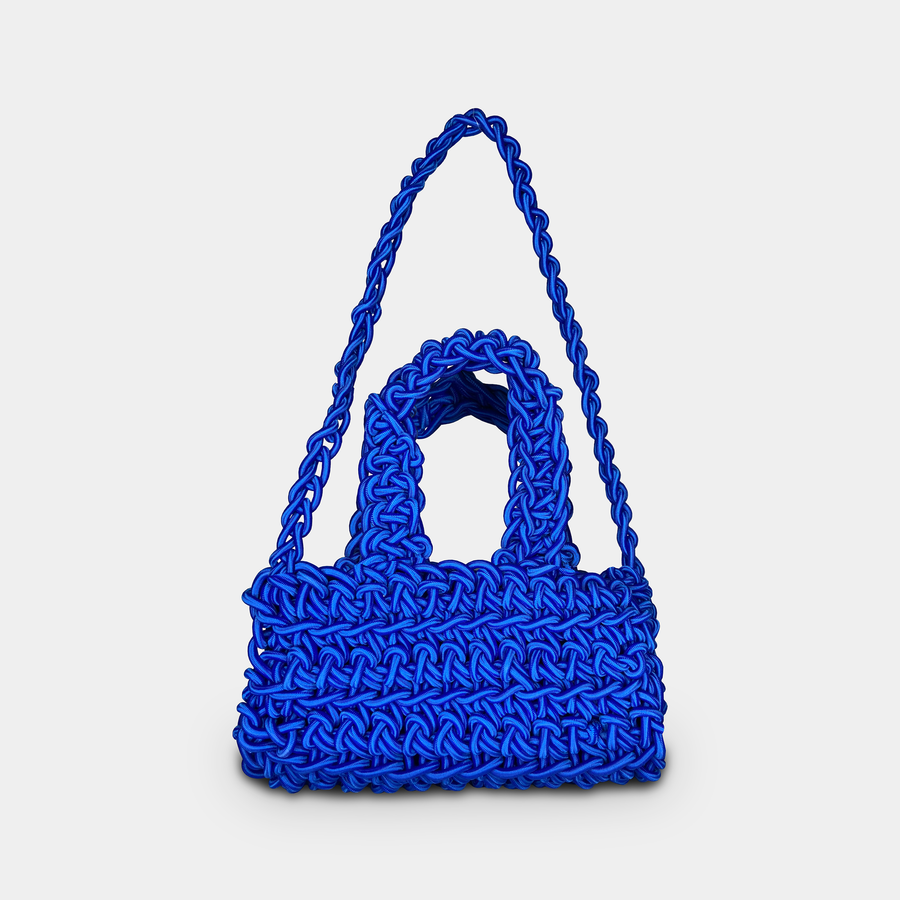 Sac Sandow fabriqué à partir de sandows de stations de ski crochetés, vue avant