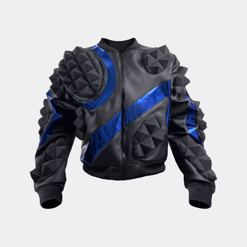 Blouson architectural avec empiècement mousse acoustique pyramide et simili cuir miroir bleu