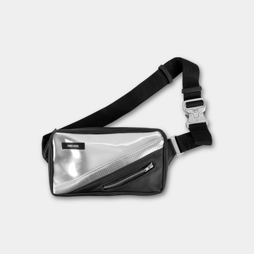 Sacoche A-Link argentée et noire fabriquée à partir de chutes de tissus, vue avant